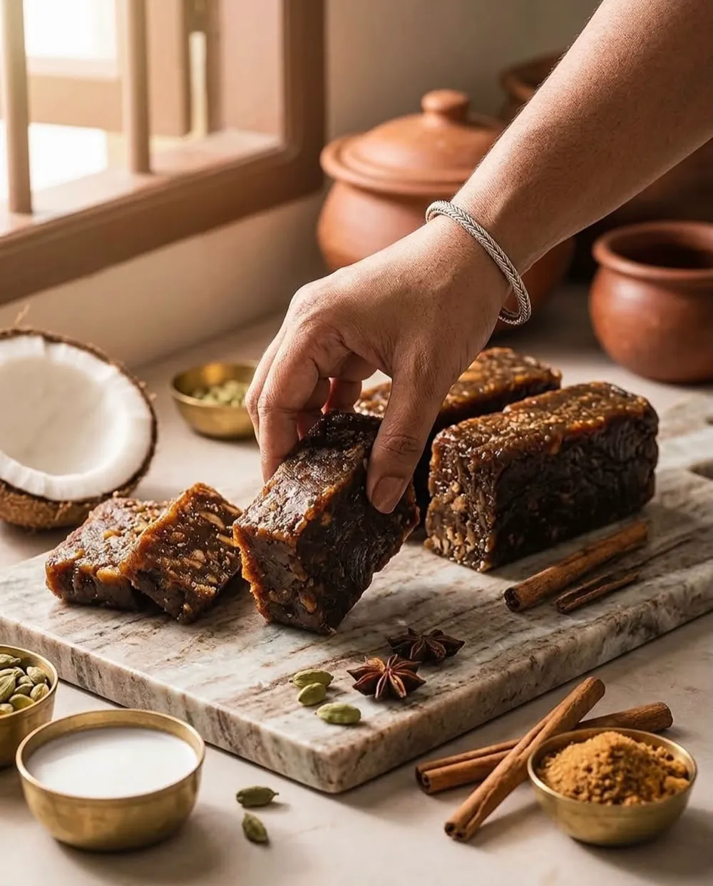 Hands lifting a slice of dodol beside a halved coconut and clay pots in window light
